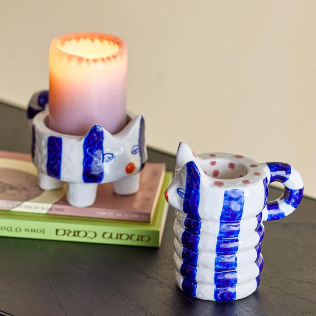 Set of Two Caty Cat Candle Holders - Blue - Image 4