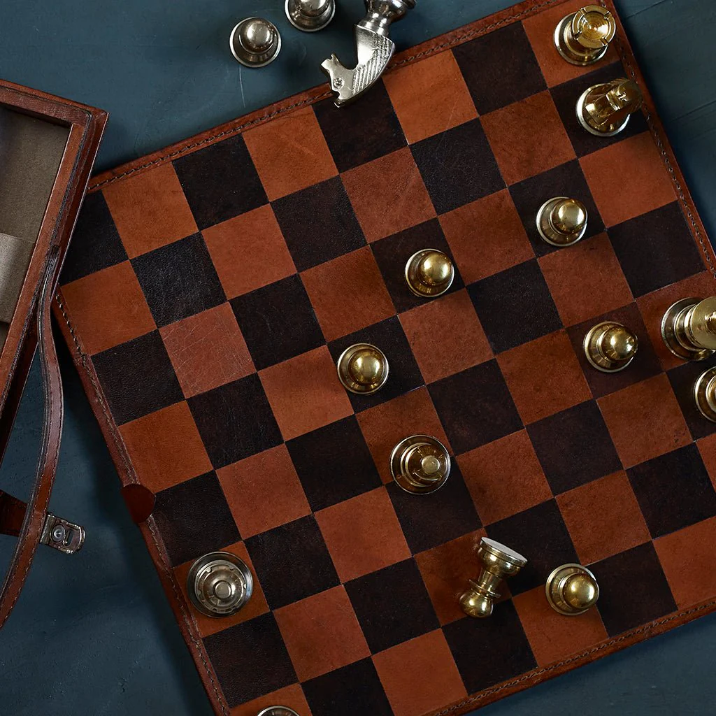 Leather Handcrafted Chess Board, Case & Pieces - Image 2