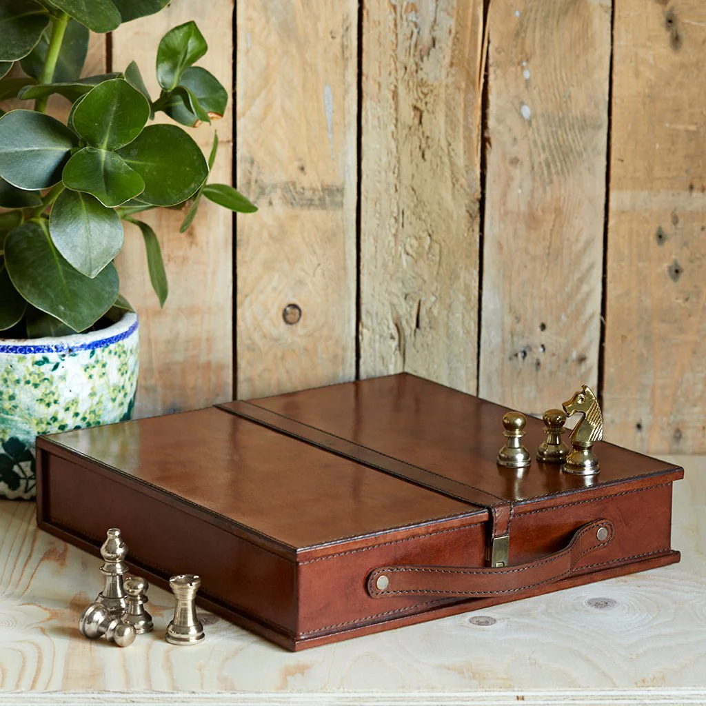 Leather Handcrafted Chess Board, Case & Pieces - Image 4