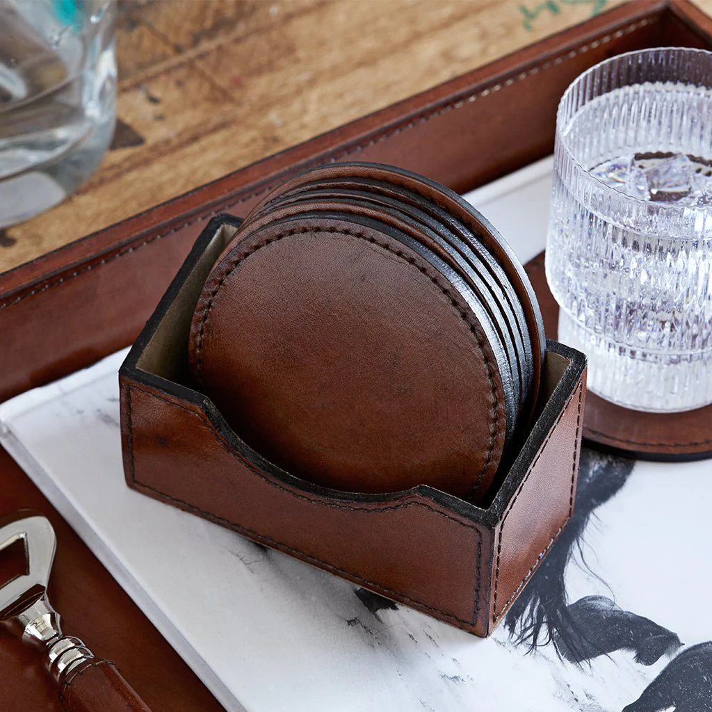 Leather Coasters & Holder - Round