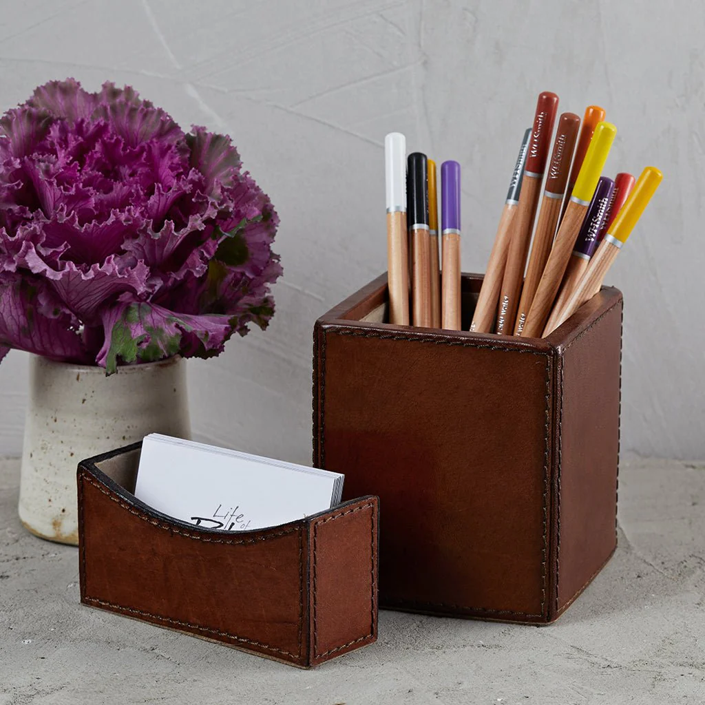 Leather Desk Set Mini With Square Pen Pot