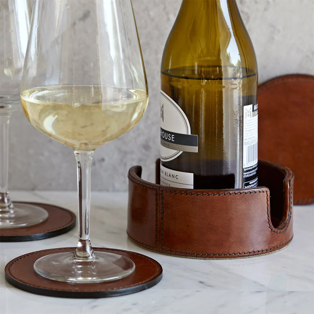 Leather Wine Bottle Coaster With Six Leather Coasters - Image 2