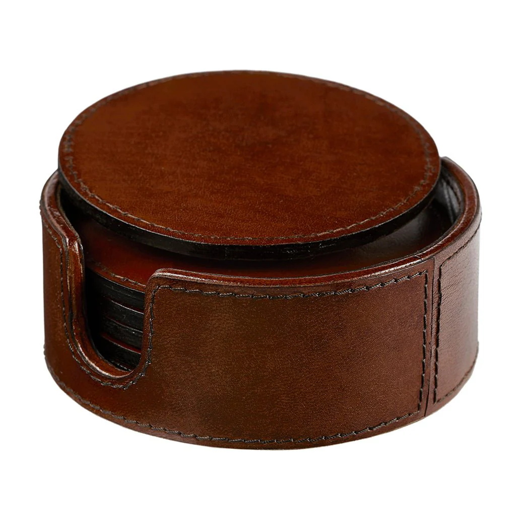 Leather Wine Bottle Coaster With Six Leather Coasters - Image 3