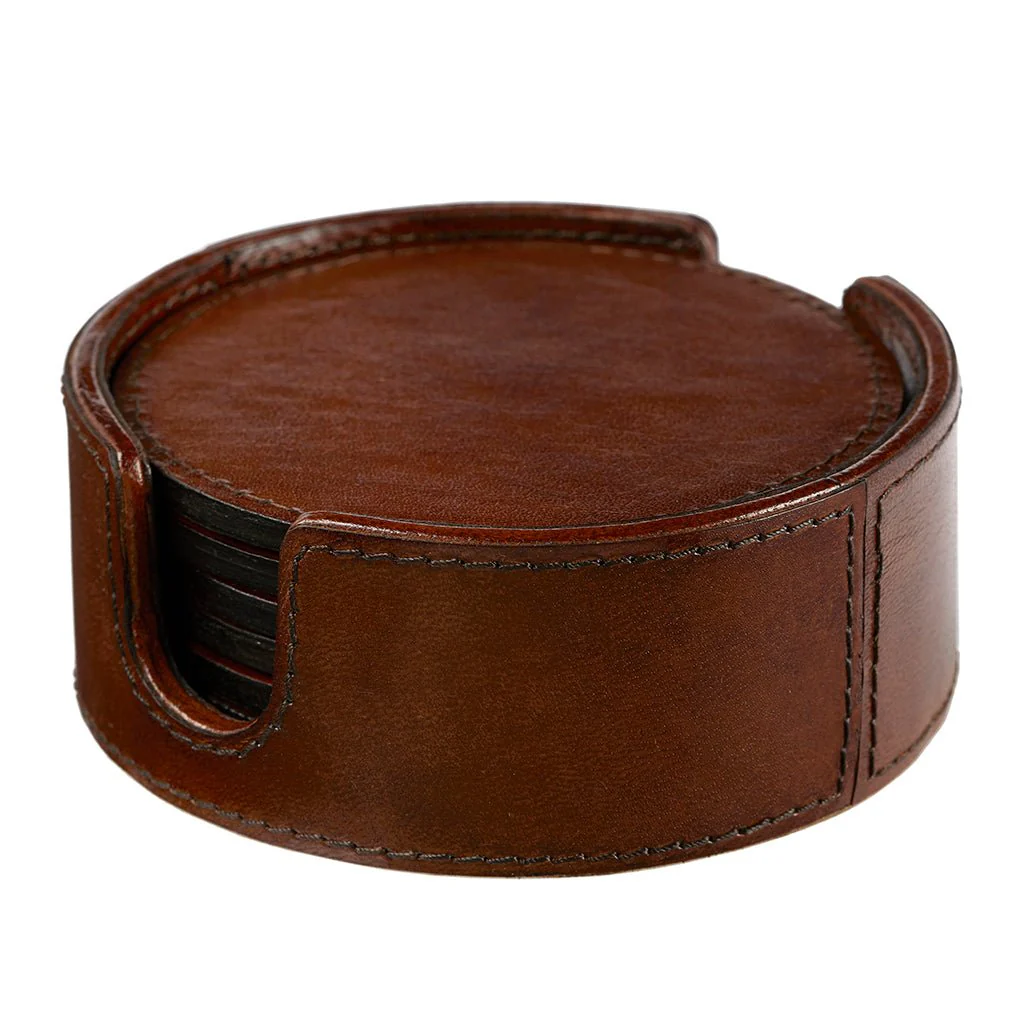 Leather Wine Bottle Coaster With Six Leather Coasters - Image 5