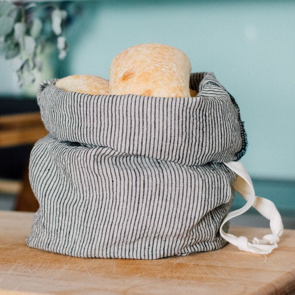 Pure Linen Bread Bag - Dark Blue & Natural Stripes - Image 3