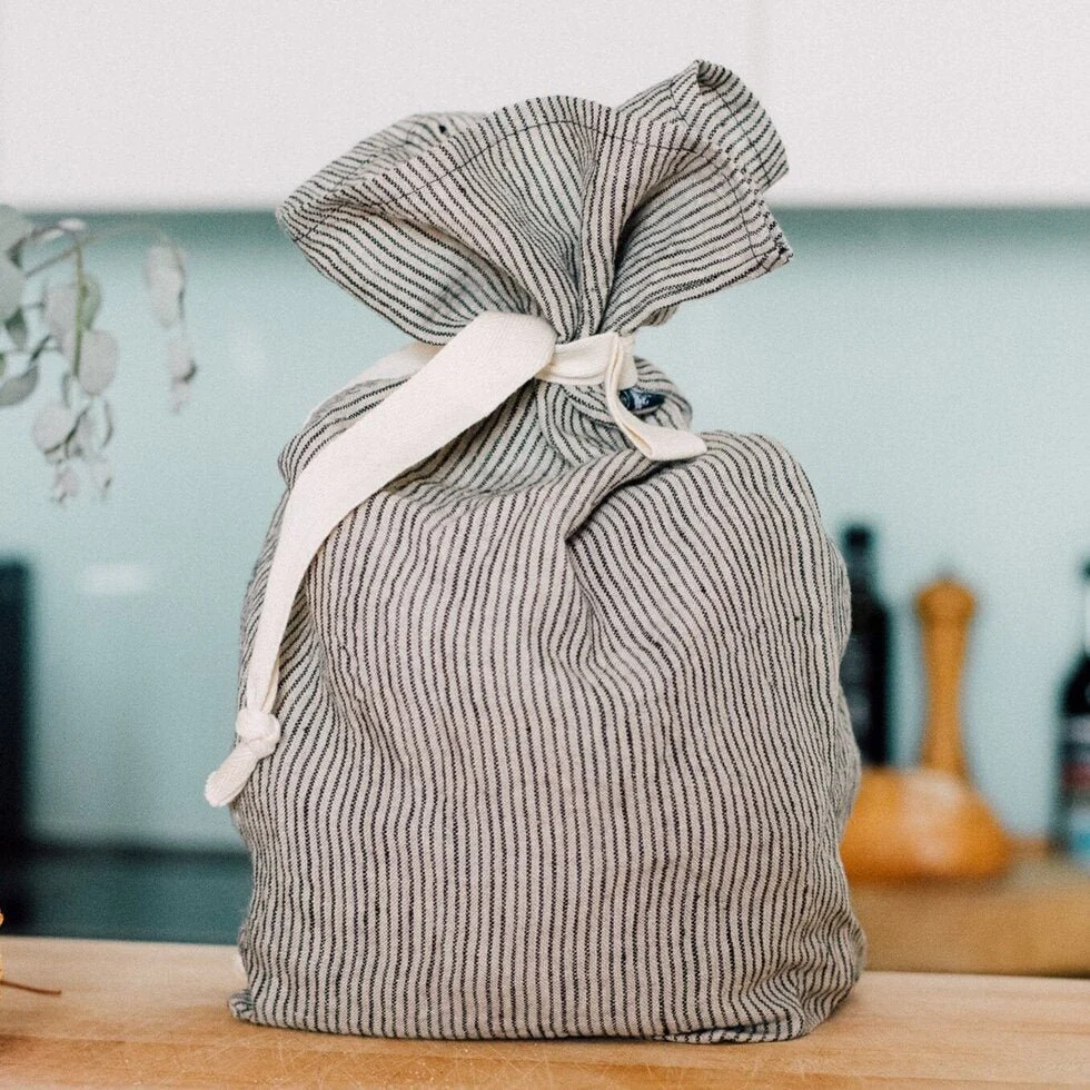 Pure Linen Bread Bag - Dark Blue & Natural Stripes - Image 4