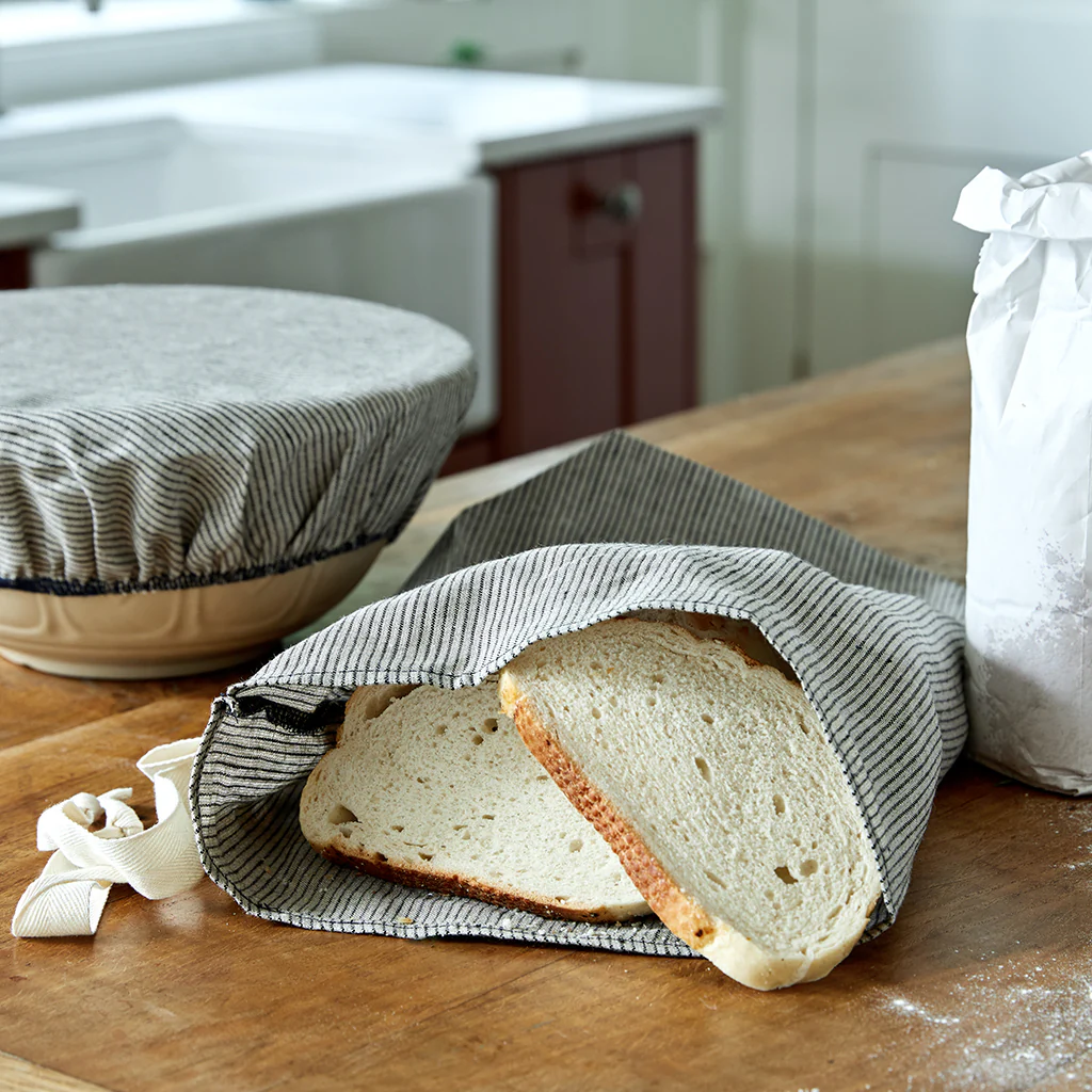 Pure Linen Bread Bag - Dark Blue & Natural Stripes - Image 2