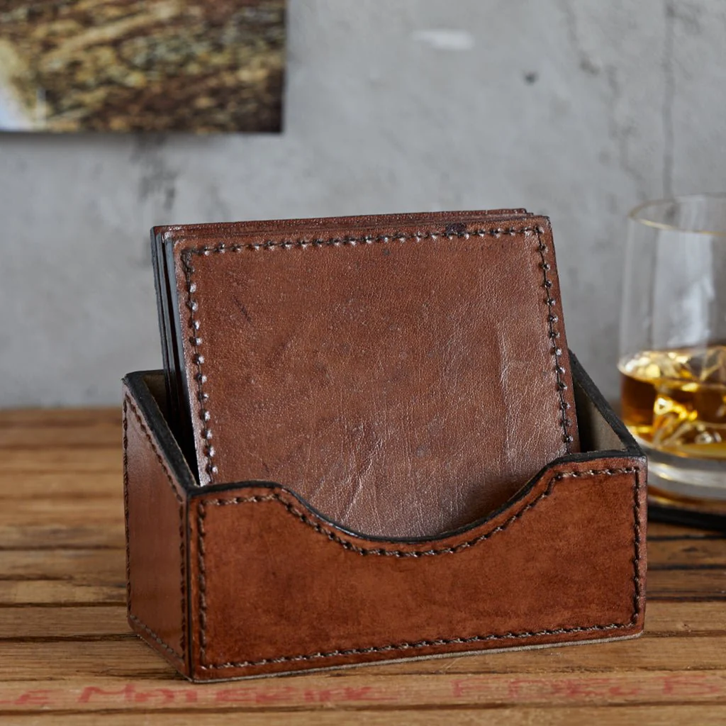 Square Leather Coasters & Holder