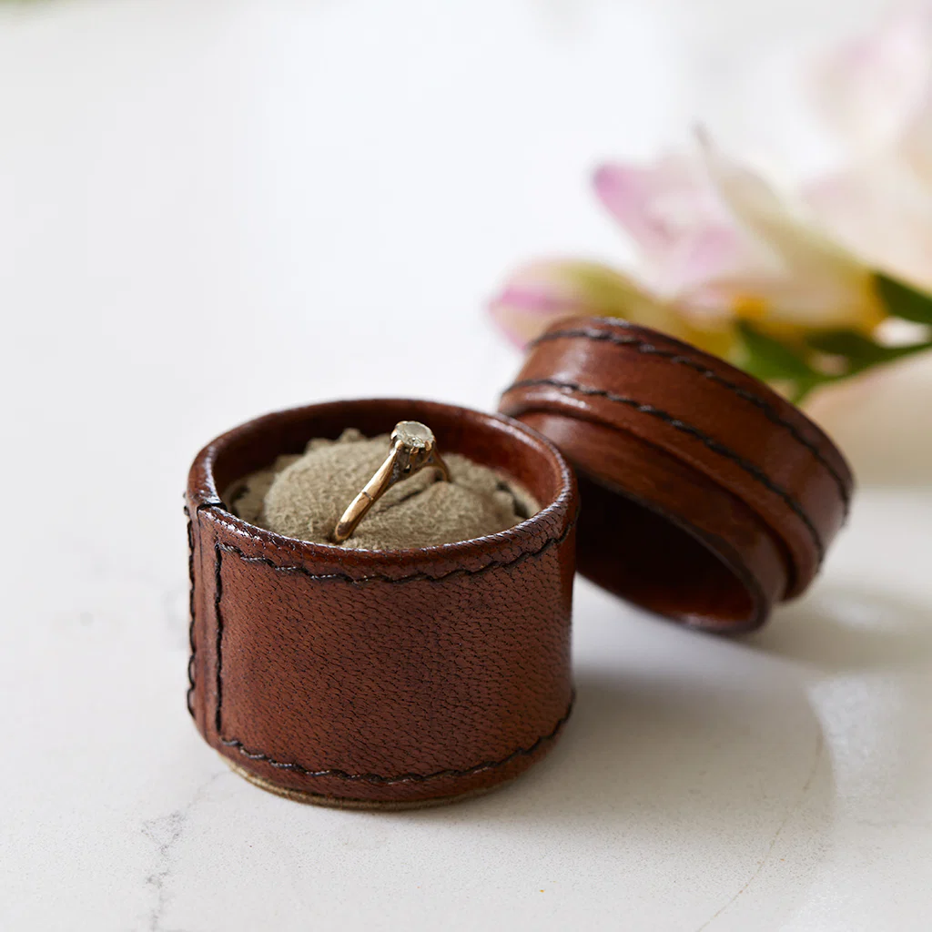 Leather Tiny Round Trinket Gift Box - Inner Ring Holder